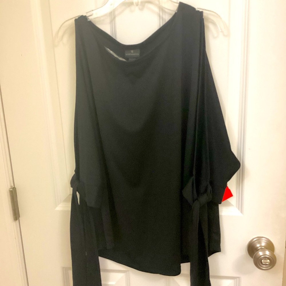 Black peep shoulder top with tie sleeve